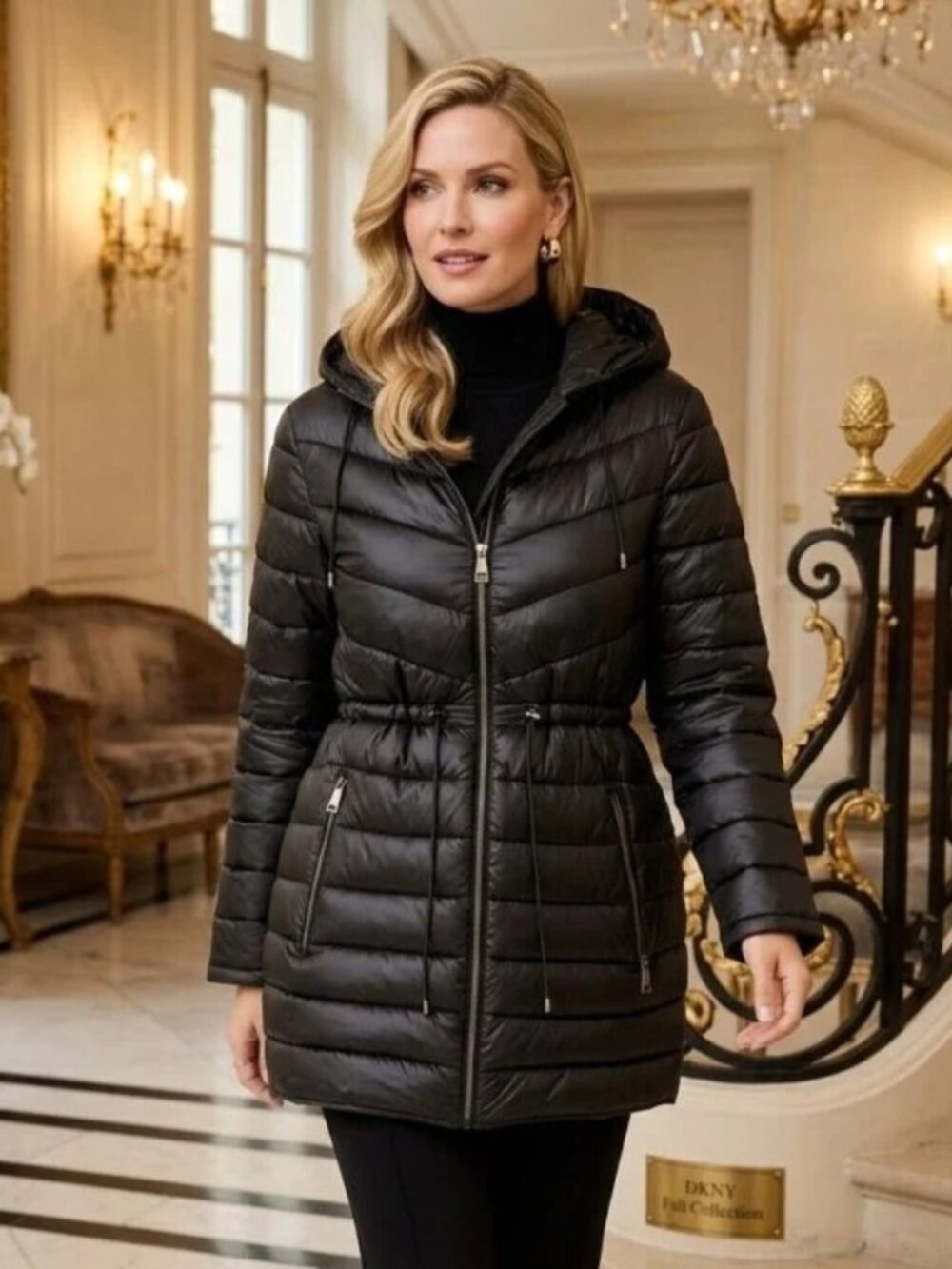 DKNY Zip-Front Mid-Length Puffer Coat Jacket - DL4MPV38 - LARGE